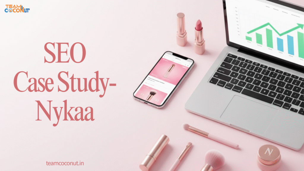 Nykaa SEO case study image featuring a laptop with growth charts, a smartphone, and pink beauty products on a pink background.